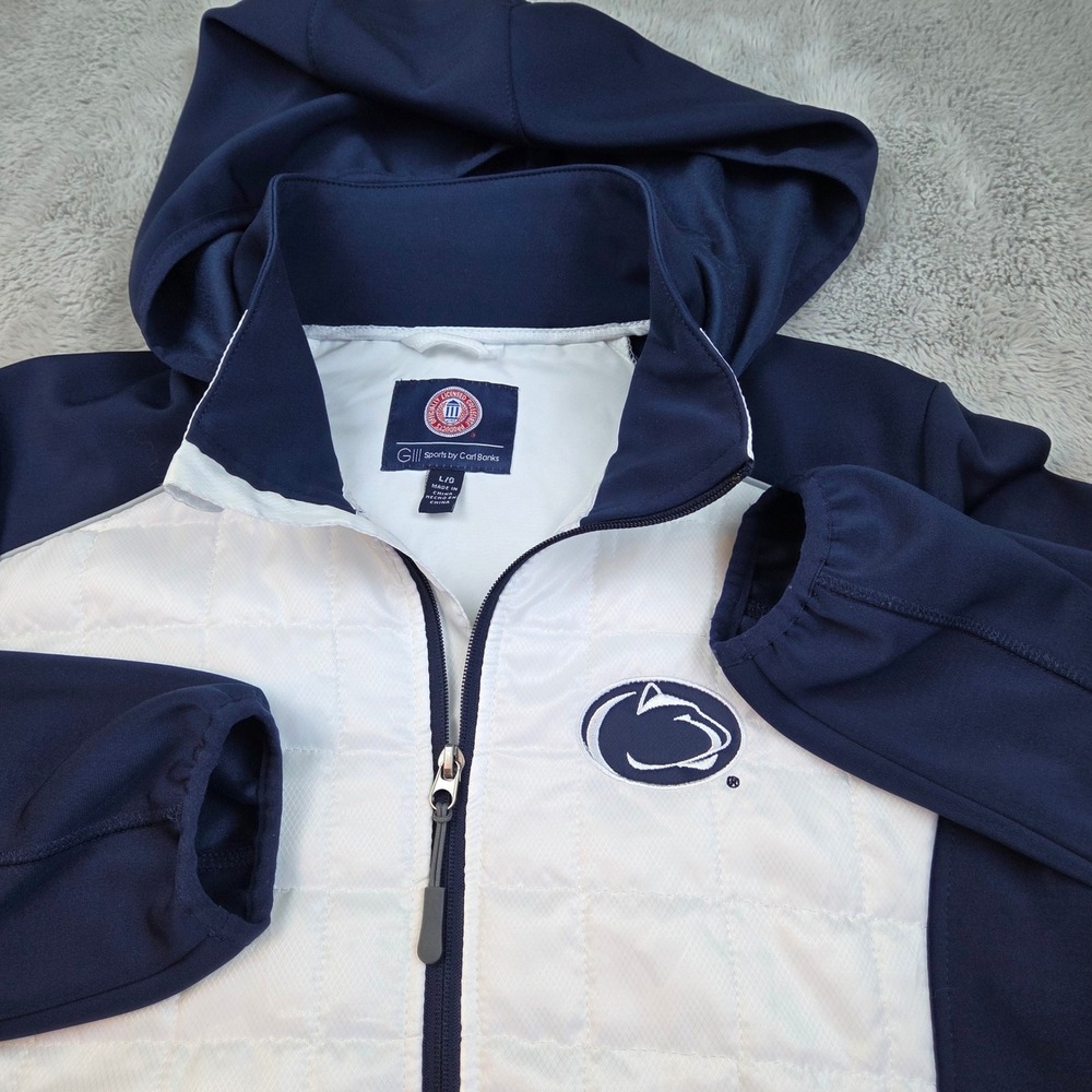 Penn State Quilted Puffer Jacket Womens L Hybrid Hooded PSU Nittany Lions Bl/Wh